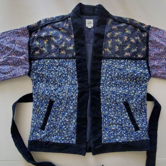 GAP Blue Floral Patchwork Quilted Kimono Wrap Jacket Sz M Grandmacore Boho Chic - Picture 4 of 8